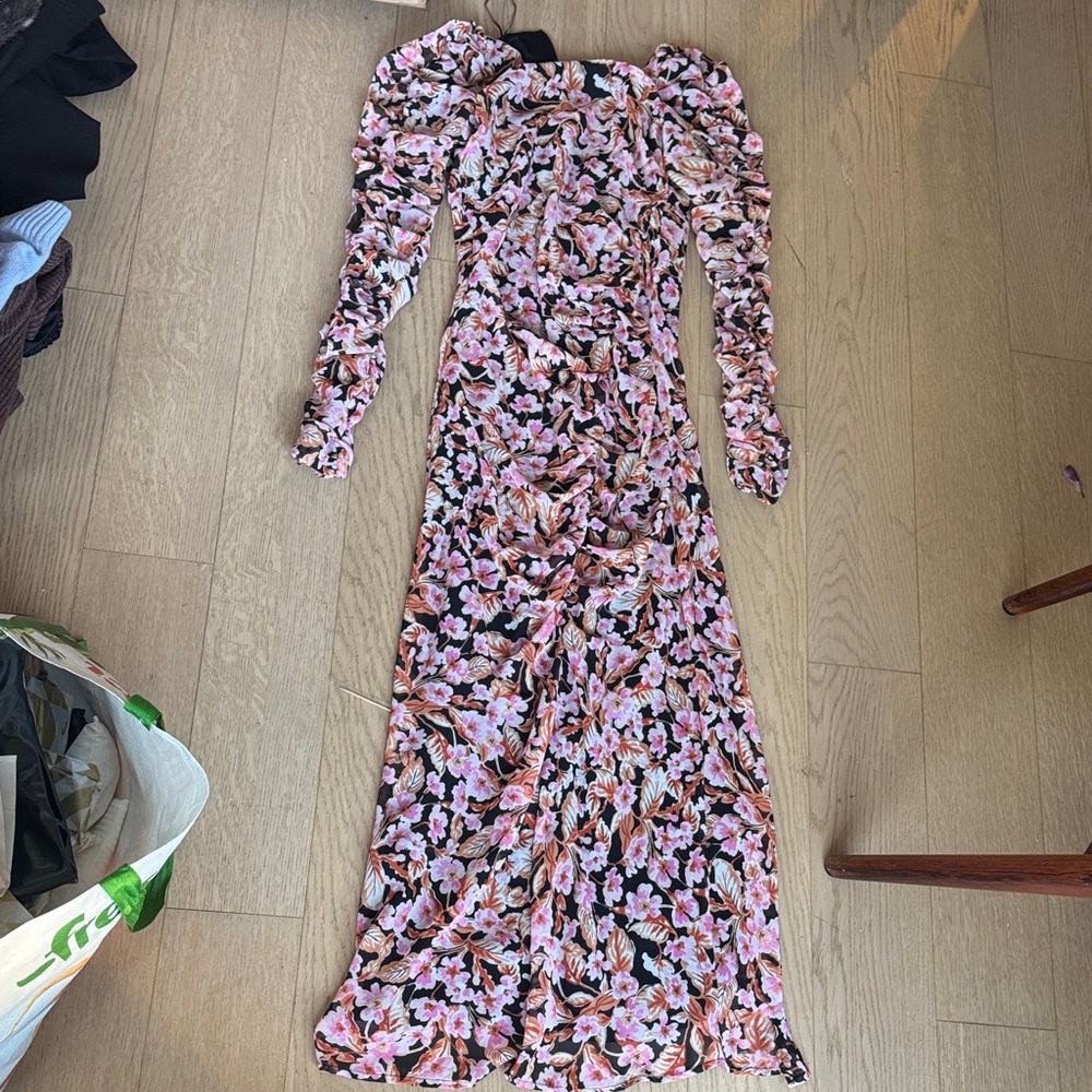 Zara Black Floral Long Sleeve Maxi Dress with Pink and Brown Accents
